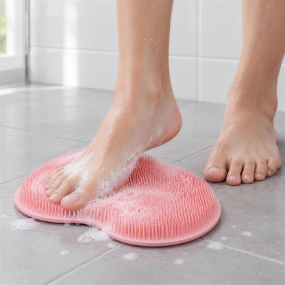 Fot som skrubbas mot rosa fotskrubb med tvål på duschgolvet